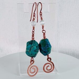 Genuine Turquoise & Copper Spiral Chunky Boho Statement Earrings Earthnuggets